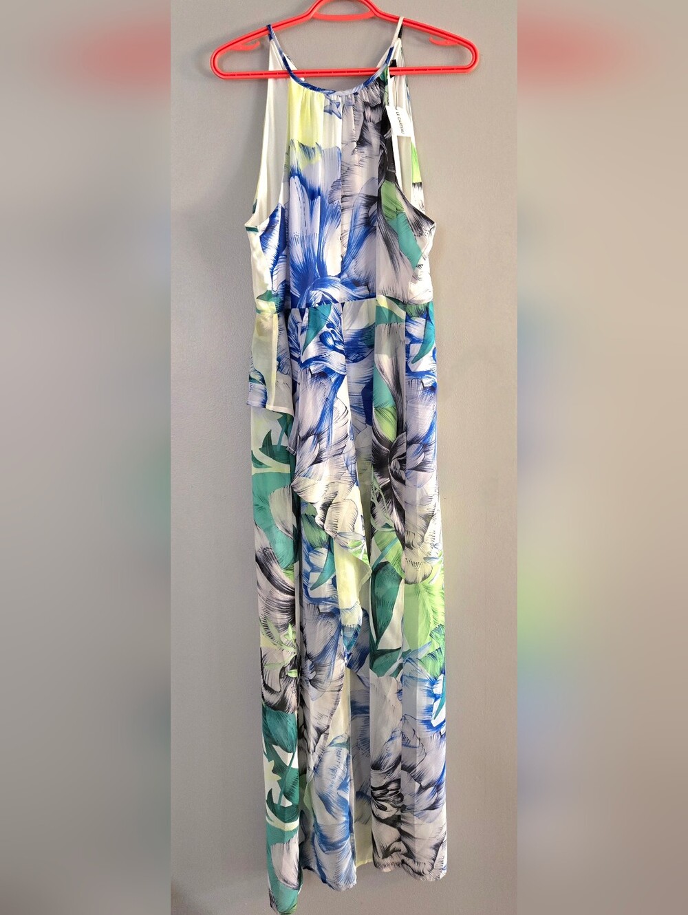 NWT Le Chateau Floral Print Maxi Dress Asimetrical Size XL Blue Green Yellow